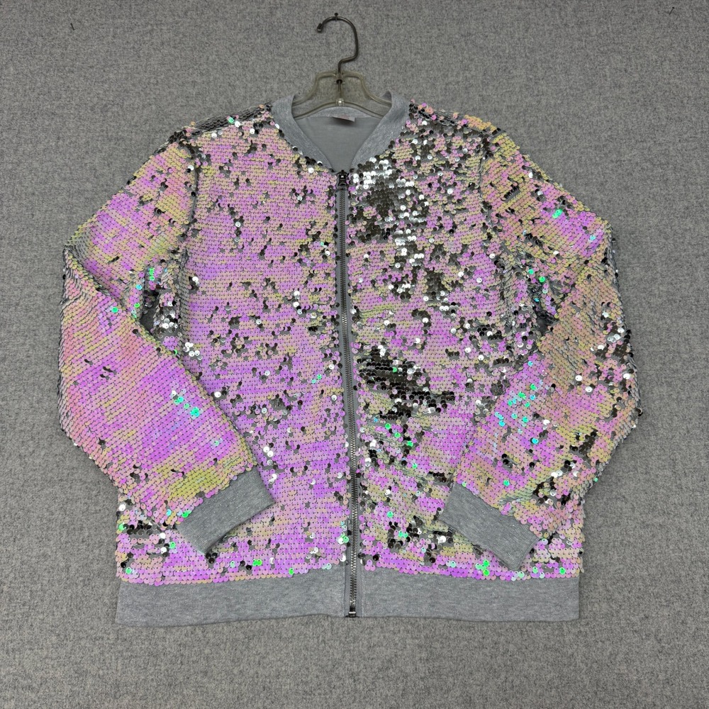 Wonder Nation Sequin Bomber Jacket Size XL 14-16 Pink Silver Iridescent Full Zip